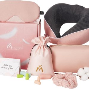 Mavoegl – Almohada cervical para viajes, 100% espuma viscoelástica pura con máscara para dormir, bolsa de maquillaje, tapones para los oídos y bolsa Mavoegl – Almohada cervical para viajes, 100% espuma viscoelástica pura con máscara para dormir, bolsa de maquillaje, tapones para los oídos y bolsa