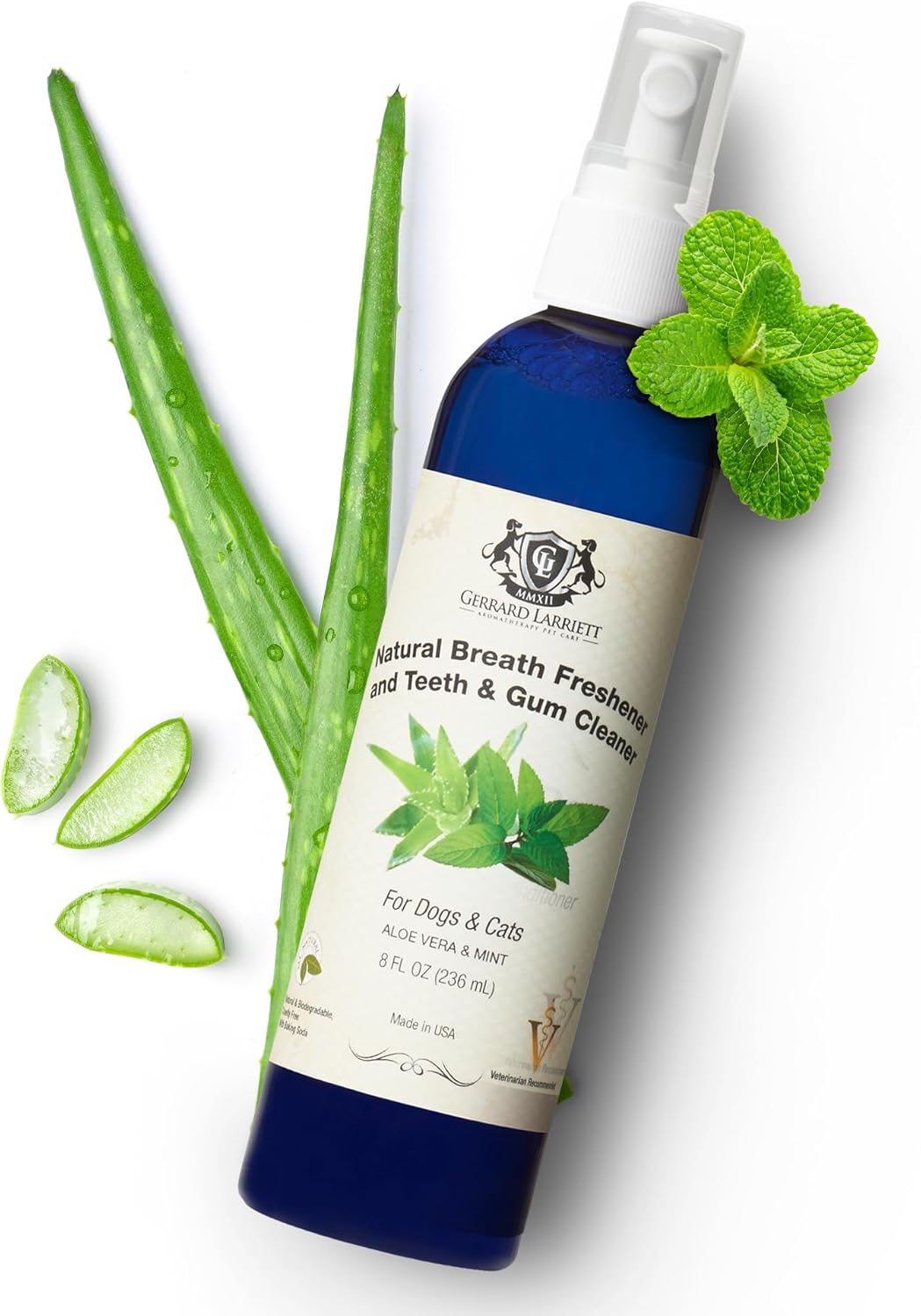 Gerrard Larriett – Ambientador natural de aliento para gatos y perros, rociador de limpieza de dientes de gato y perro con menta, aloe vera y