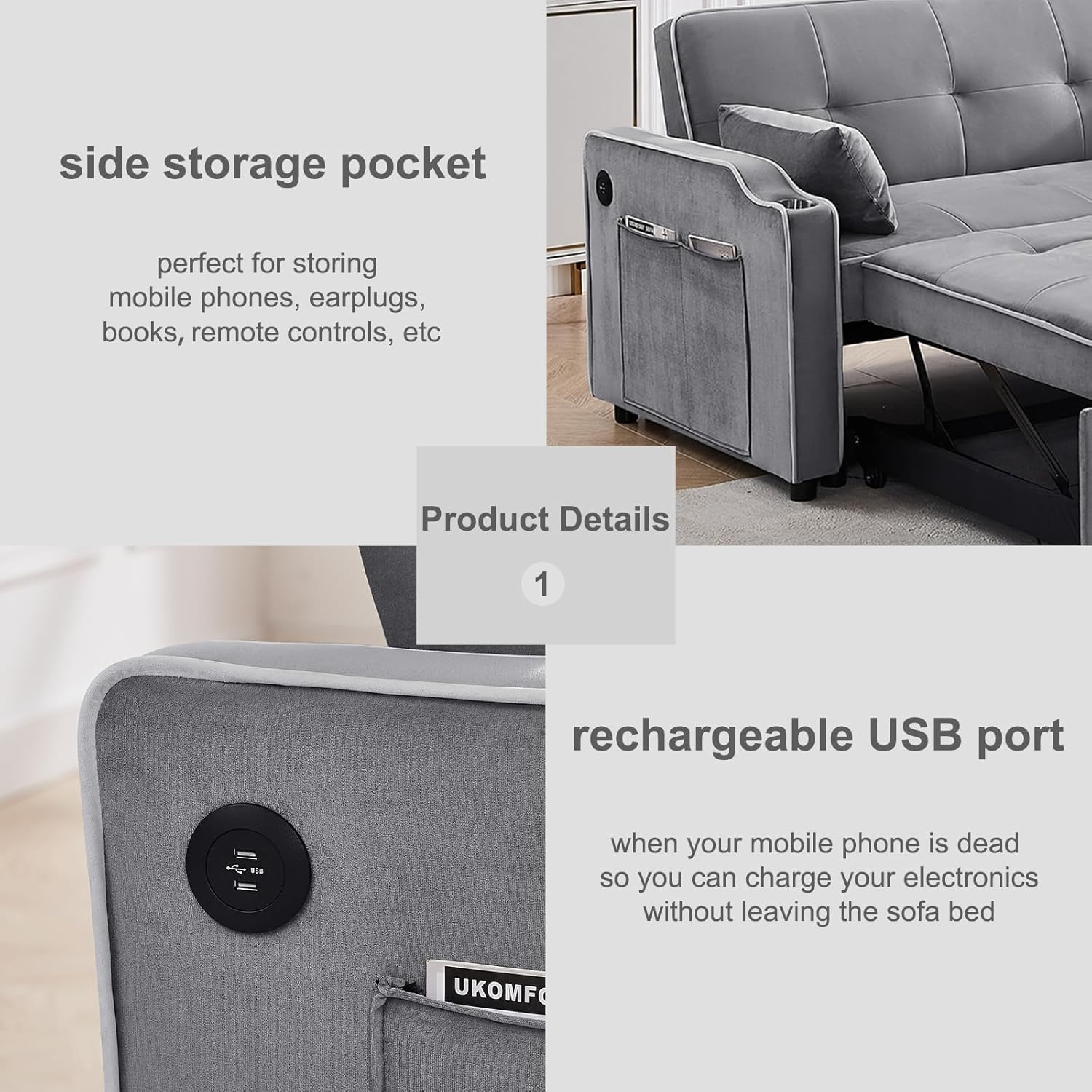 Sofá cama convertible 3 en 1 con puertos USB, cómodo sofá biplaza de terciopelo de 55 pulgadas con portavasos, sofá cama extraíble con