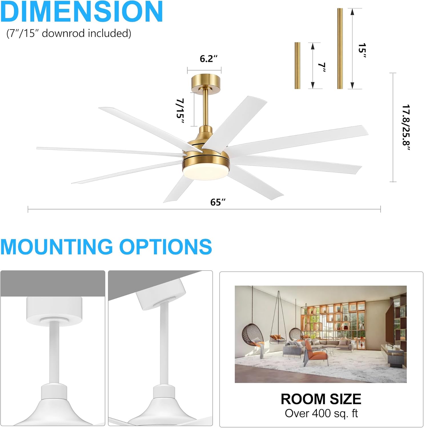 Breezary Ventilador de techo dorado de 65 pulgadas con control remoto de luces LED, moderno ventilador de techo de granja con motor de CC