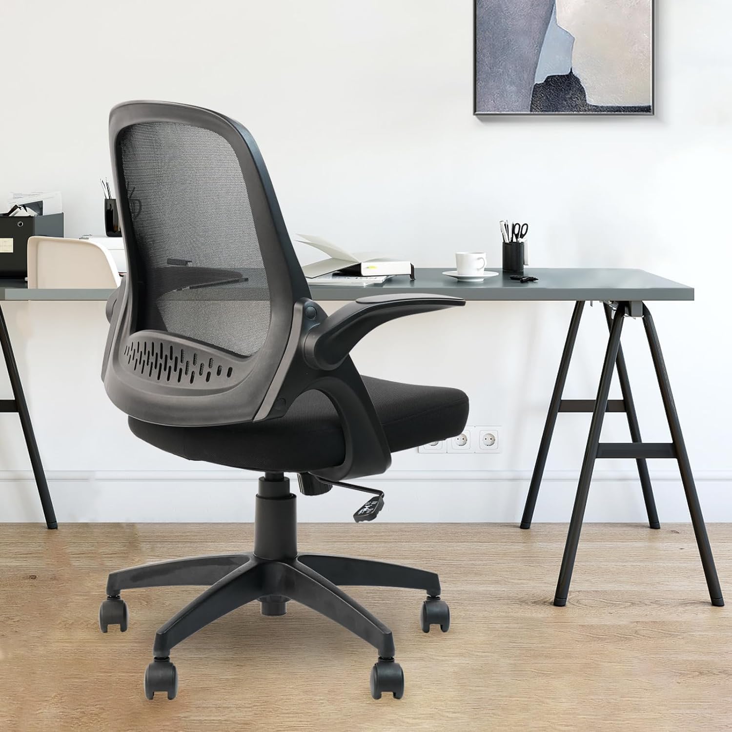 CLATINA Silla ergonómica de escritorio de malla rodante con soporte lumbar y reposabrazos abatibles, cómodas sillas de trabajo para computadora,
