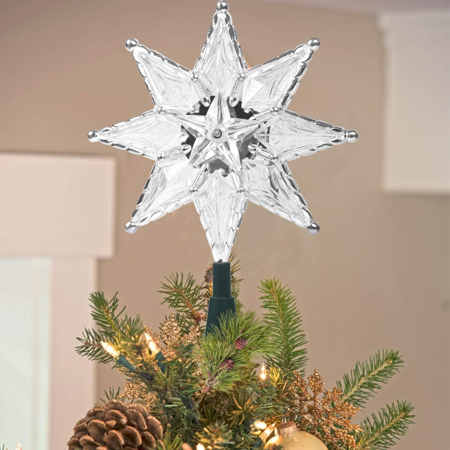 Twinkle Star Decoración para árbol de Navidad iluminada, estrella transparente de 8 puntos con 10 miniluces incandescentes, decoración de árbol de