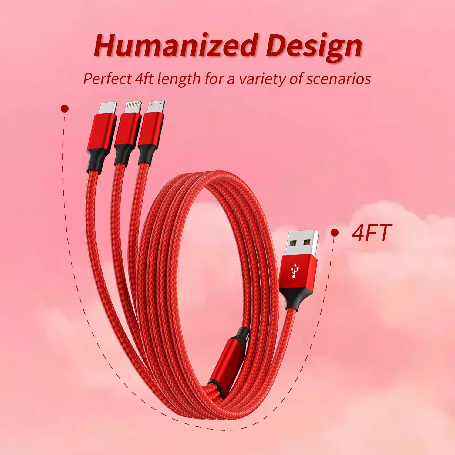 Cable de carga múltiple (paquete de 2 unidades de 4 pies), cable de carga múltiple USB de nailon trenzado 3 en 1, cable de carga rápida con puerto