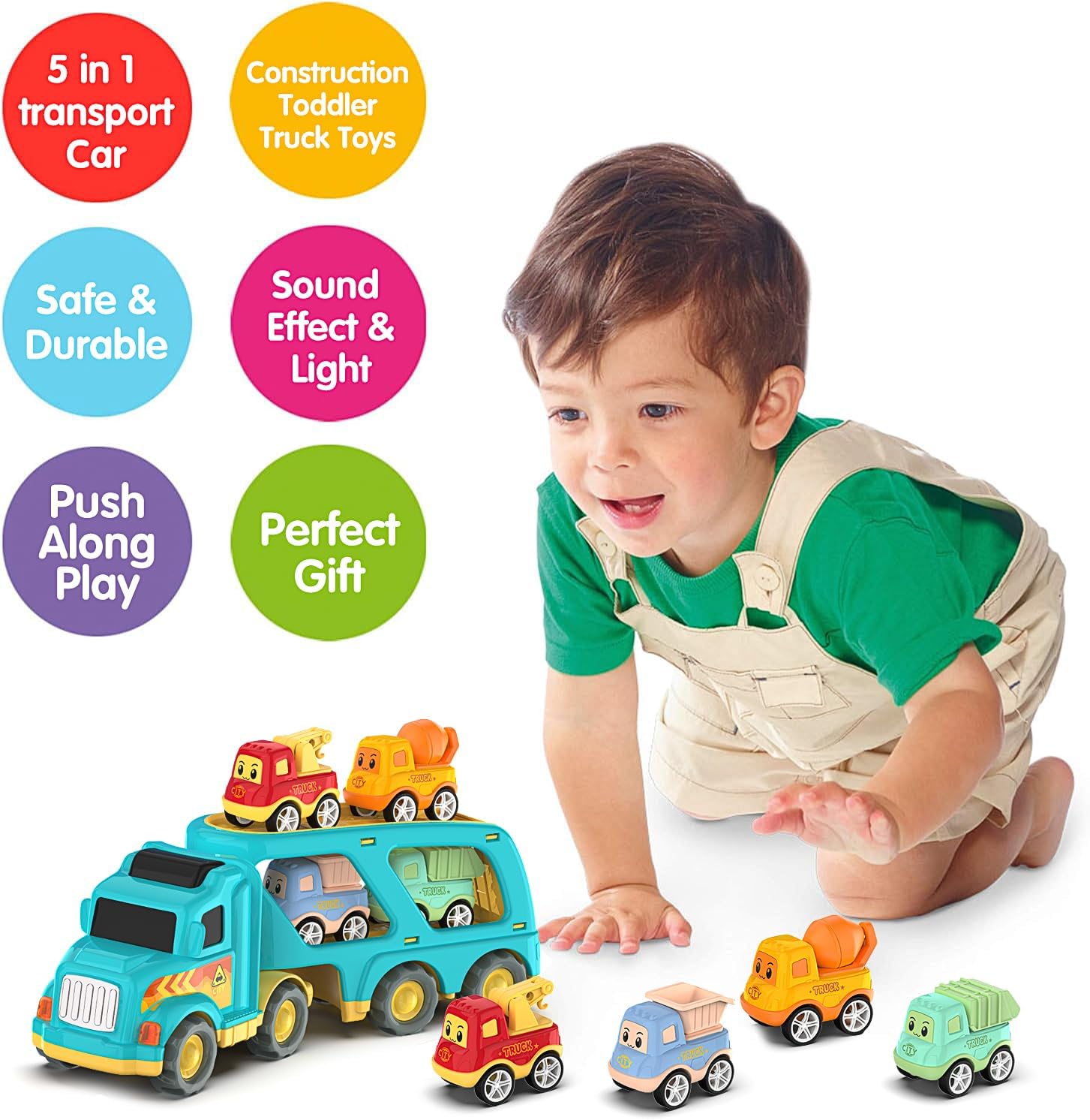 Moritakk Camión de construcción para niños y niñas de 3, 4, 5, 6, 7 años, transporte 5 en 1, vehículos urbanos de transporte, juguetes para niños de
