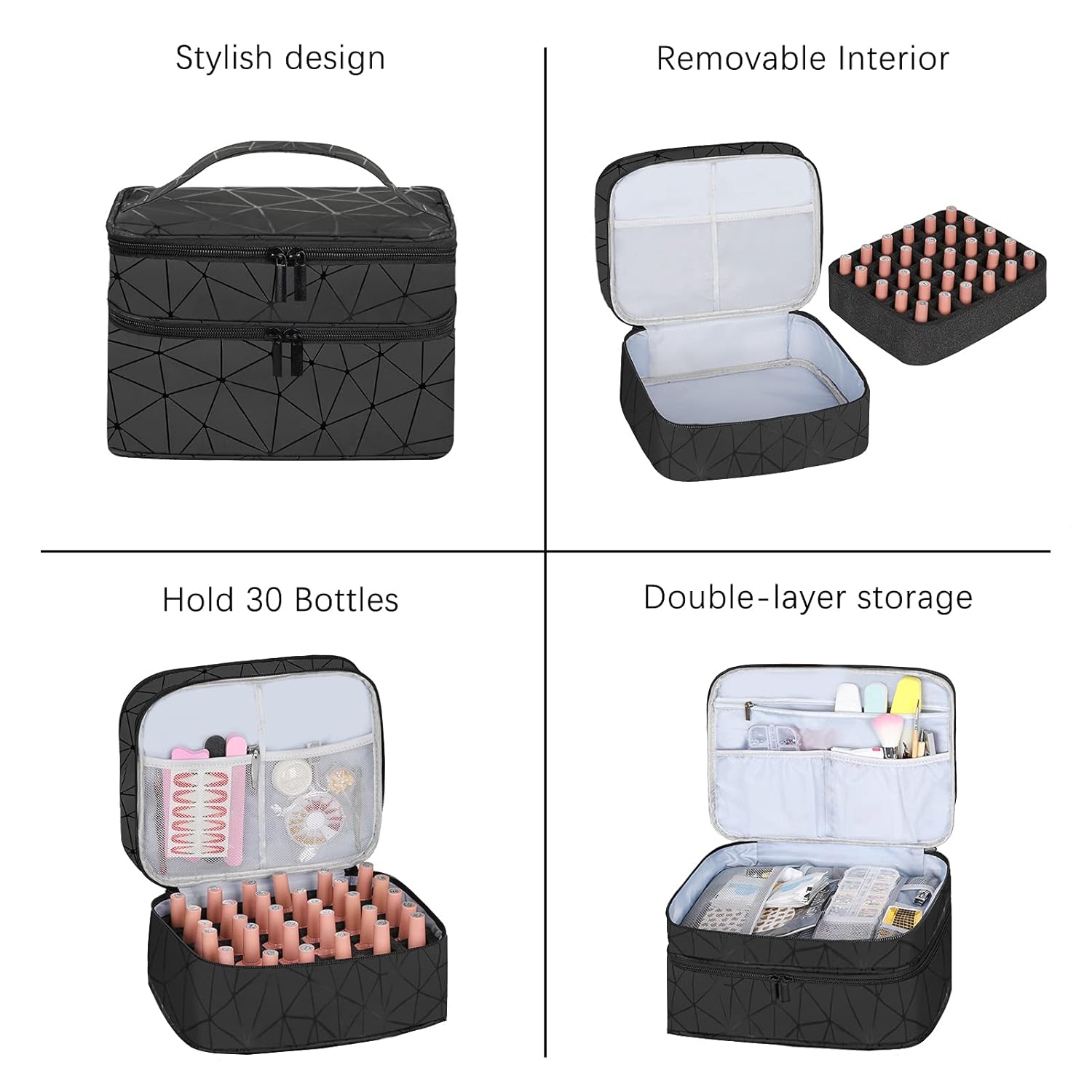 Organizador de esmalte de uñas, estuche de transporte de viaje, personalizado para juego de manicura, bolsa de transporte de doble capa (negro,
