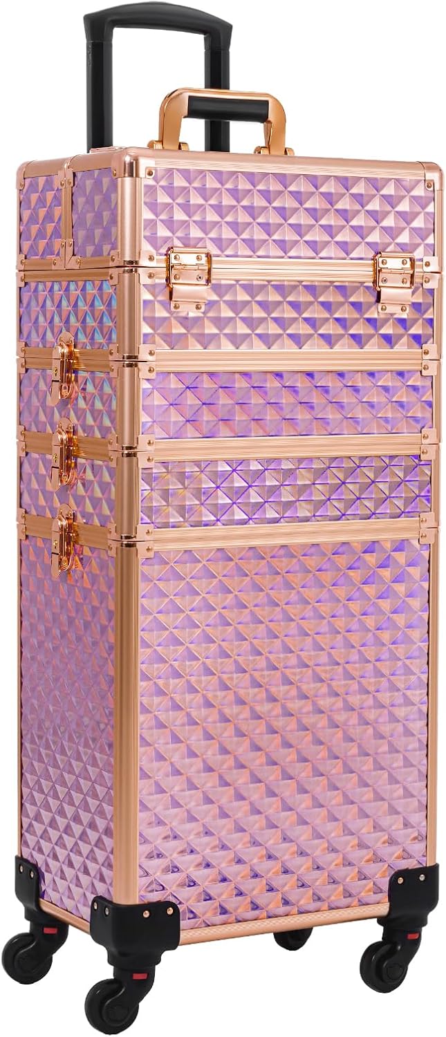 Maletín de tren de maquillaje rodante, carrito de cosméticos de gran capacidad, 4 en 1, estuche de viaje de maquillaje con ruedas giratorias para