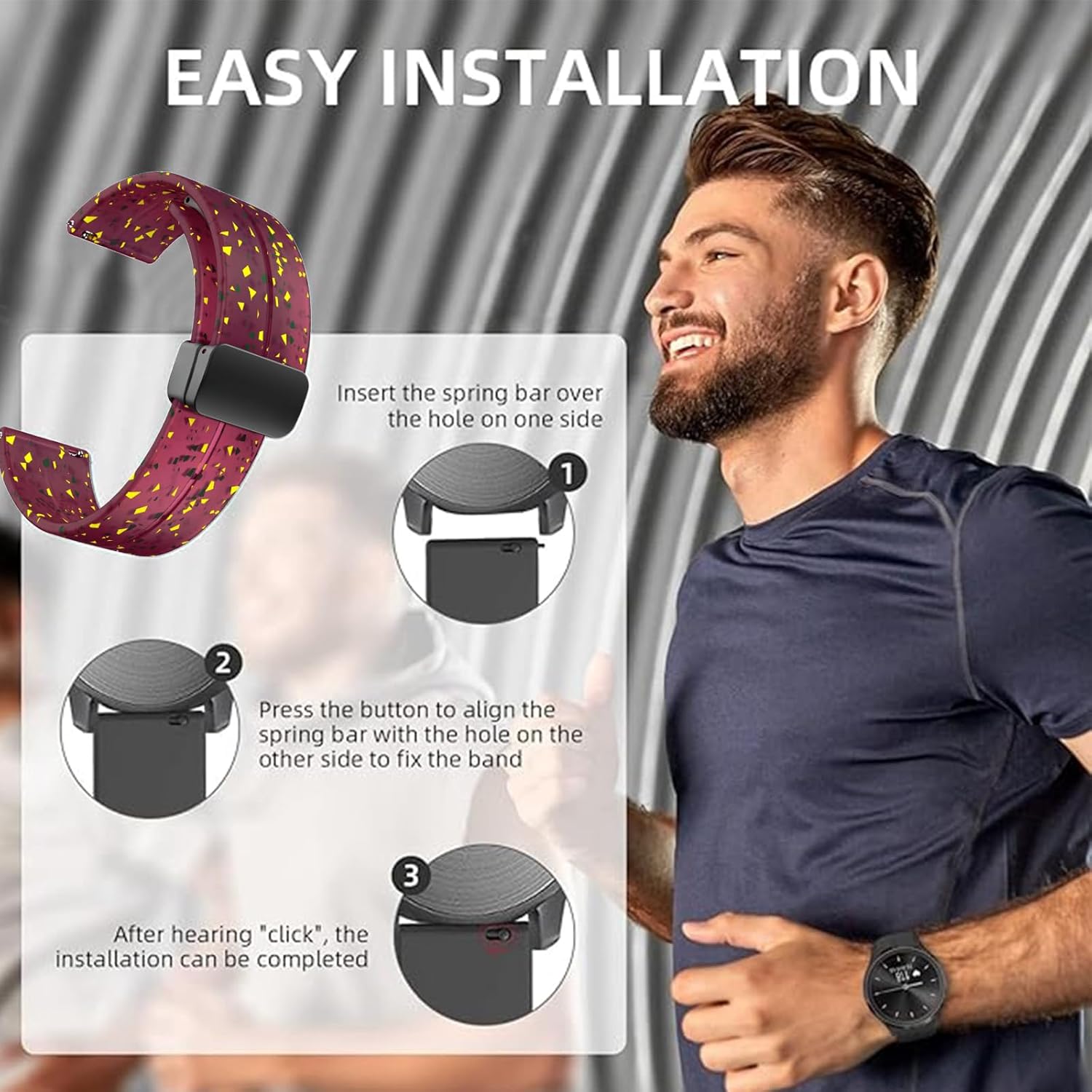 Correas de silicona universales de 0.748 in, 0.787 in y 0.866 in, correas de reloj deportivo de liberación rápida con hebilla plegable magnética