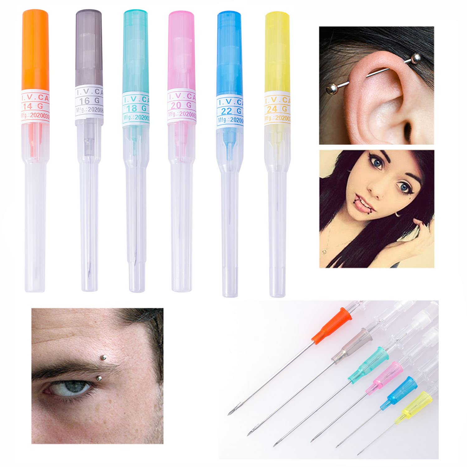 50 agujas de perforación de catéter, agujas huecas de 0.94 oz, agujas IV con catéter para el cuerpo, kit de piercings para oreja, nariz, labio,