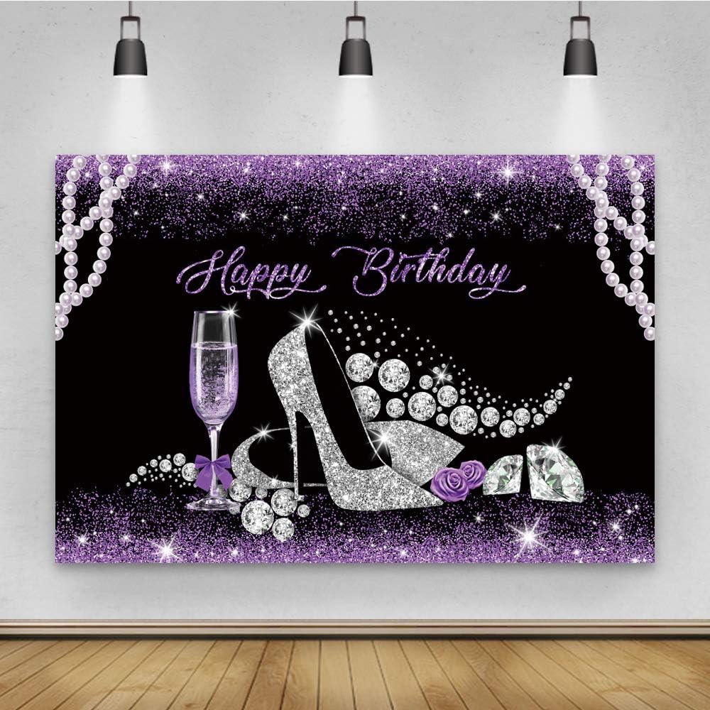 Baocicco Telón de fondo de feliz cumpleaños de 10 x 8 pies, zapatos de tacón alto con perlas y Diomand, para cumpleaños, baner, morado, purpurina,