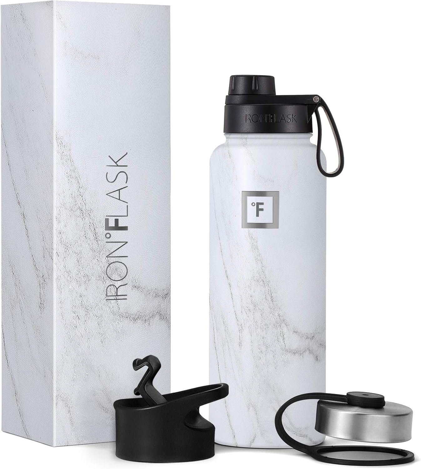 IRON FLASK – Botella deportiva de 14, 18, 22, 32, 40, 64 o 128 onzas, 3 tapas (boquilla), acero inoxidable aislado al vacío, doble pared moderna,