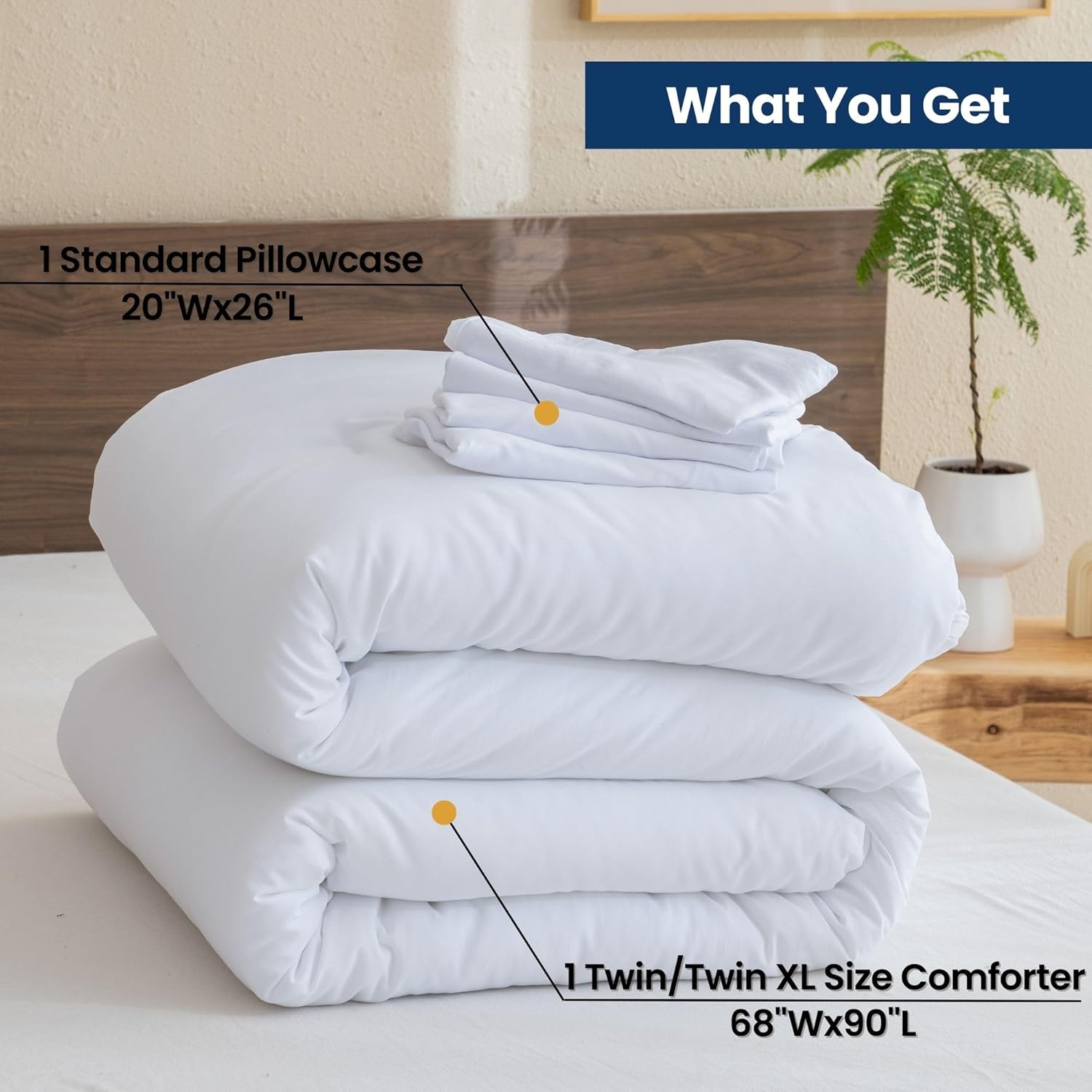 Juego de edredón blanco tamaño individualindividual XL, juego de edredón extra largo de 2 piezas para dormitorio, juego de ropa de cama liso ligero