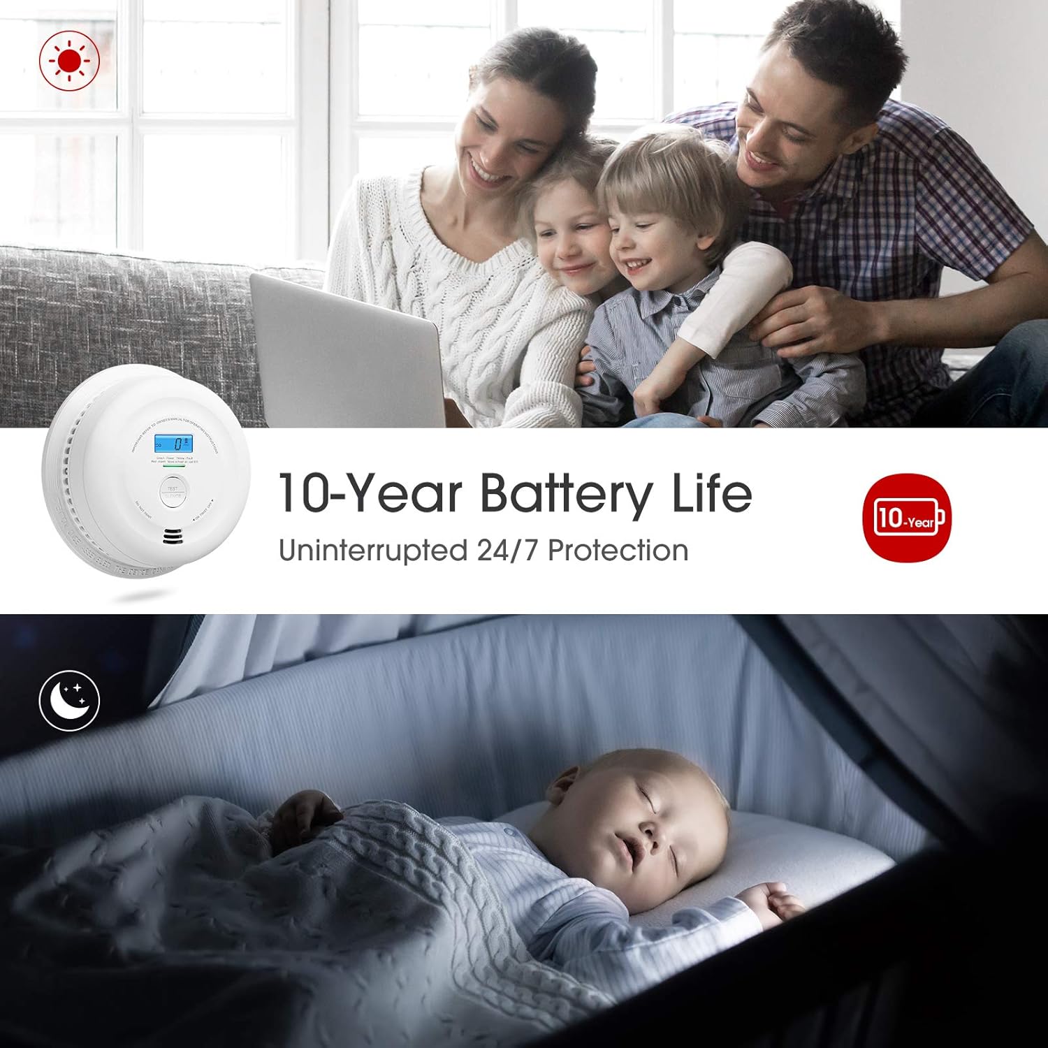 X-Sense Detector de humo y monóxido de carbono con batería de 10 años con pantalla LCD, alarma de humo y CO con sensor doble, cumple con las normas