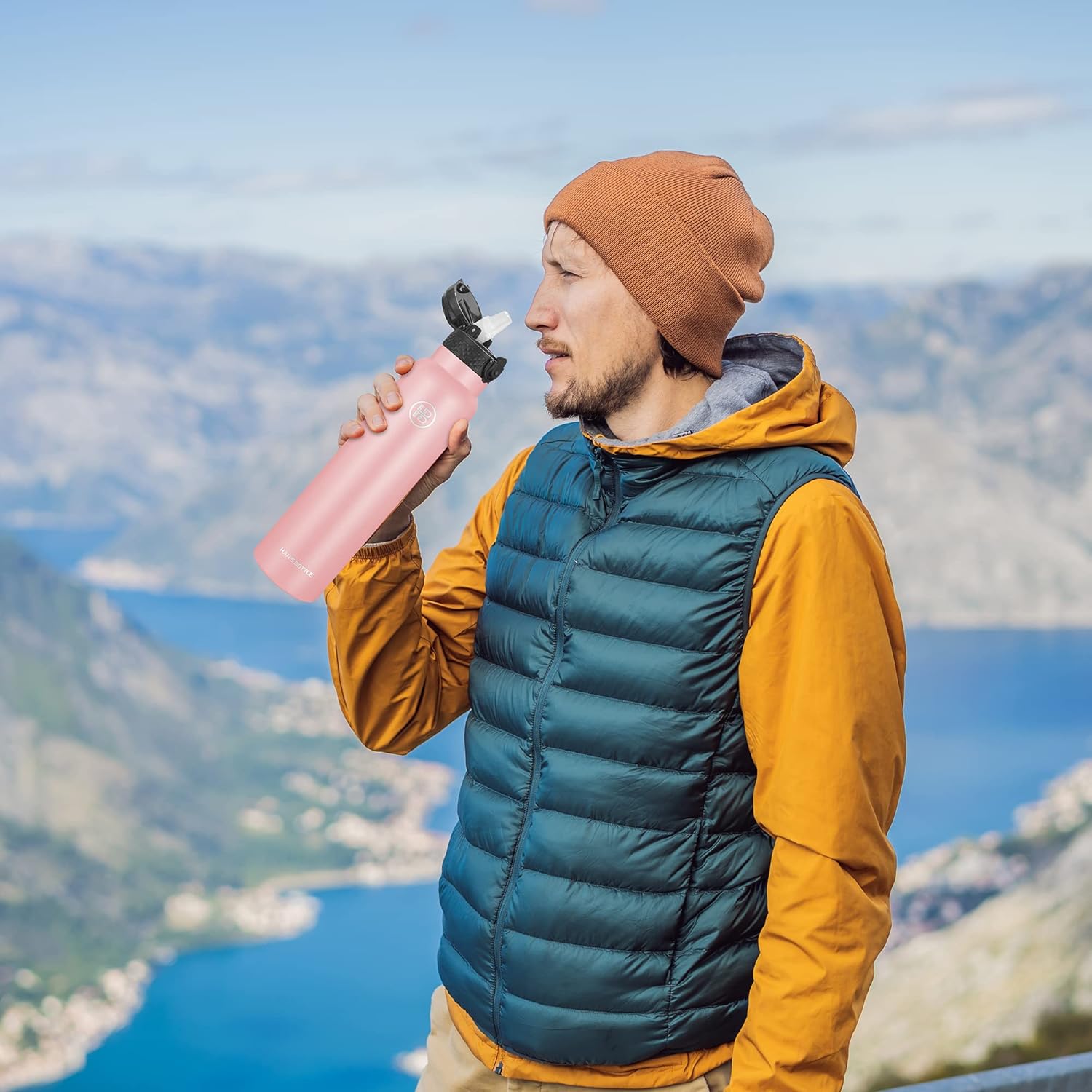 Han’s Bottle Botella de agua deportiva de 32 onzas, tapa con pajilla, a prueba de fugas, acero inoxidable aislado al vacío, doble pared, taza