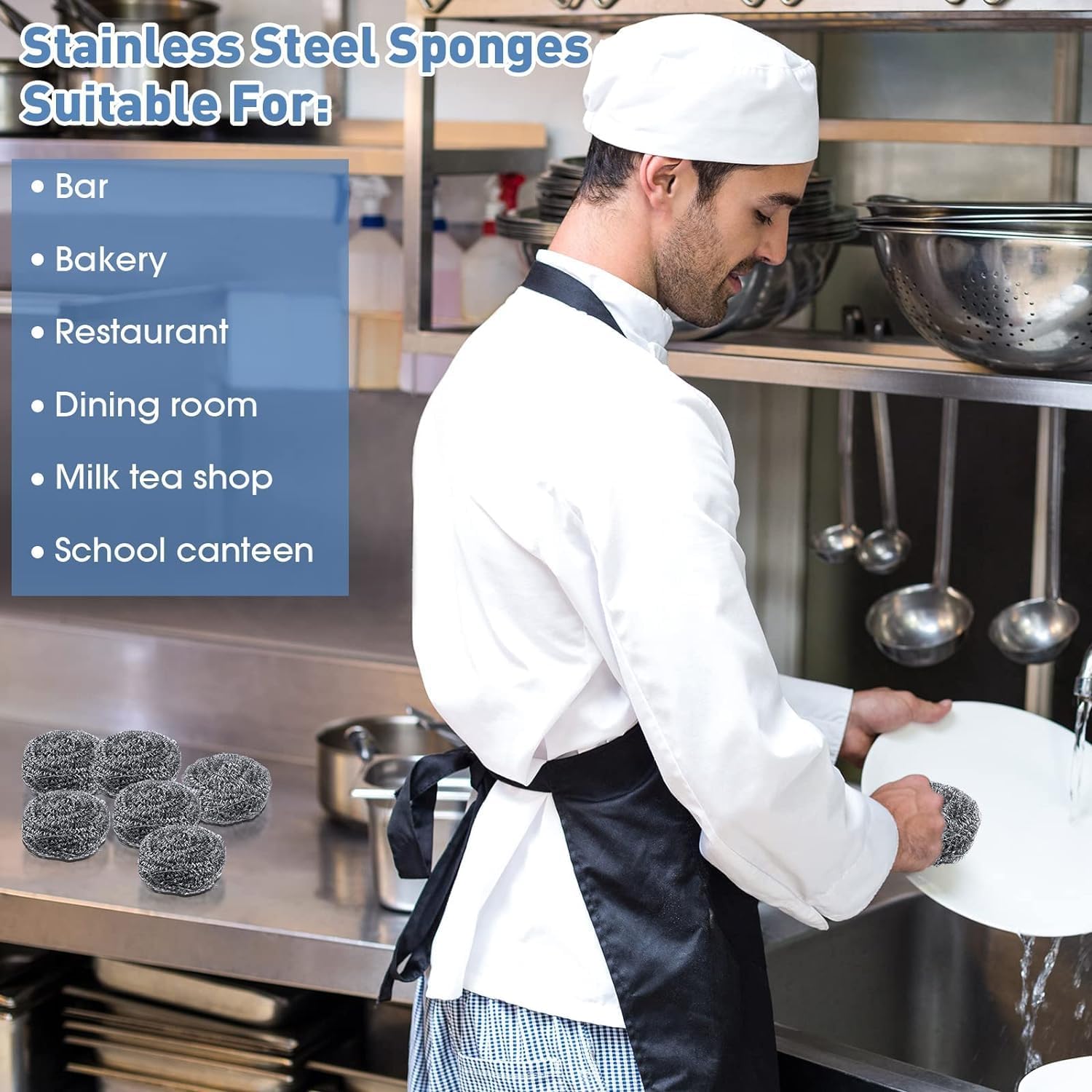 Juego de esponjas de acero inoxidable con 2 asas, depurador de limpieza de metal, bolas reutilizables resistentes para limpieza de cocina, baño,
