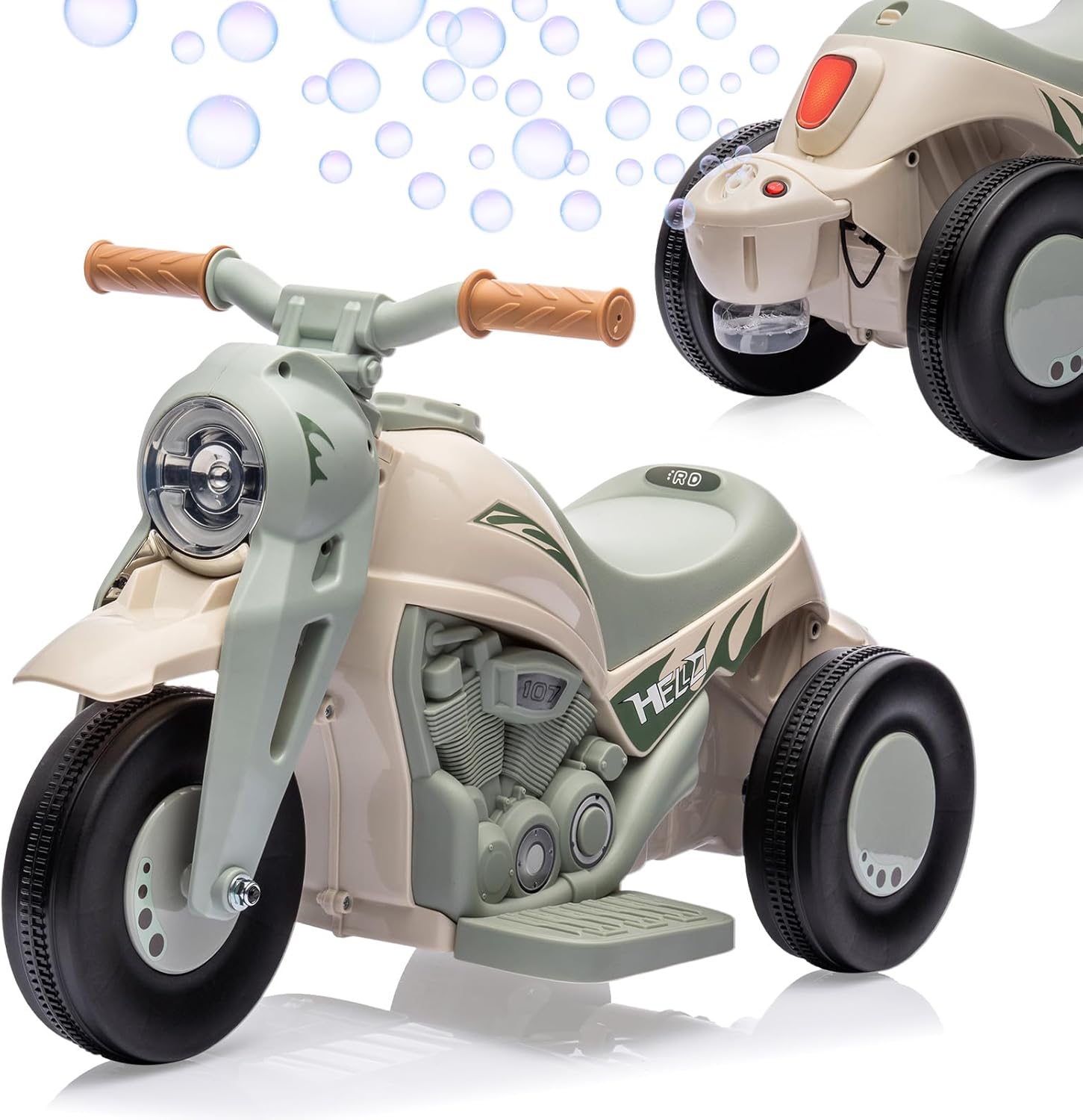 Motocicleta para niños con función de burbujas, juguete de motocicleta de 6 V con faros LED, música, pedal, adelantereserva, auto eléctrico de