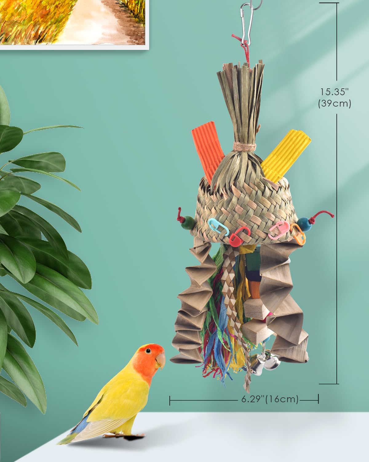 Bissap Juguetes para masticar pájaros, periquito tejido natural palmera frágil, juguetes para triturar loro colgante jaula juguete para loros,