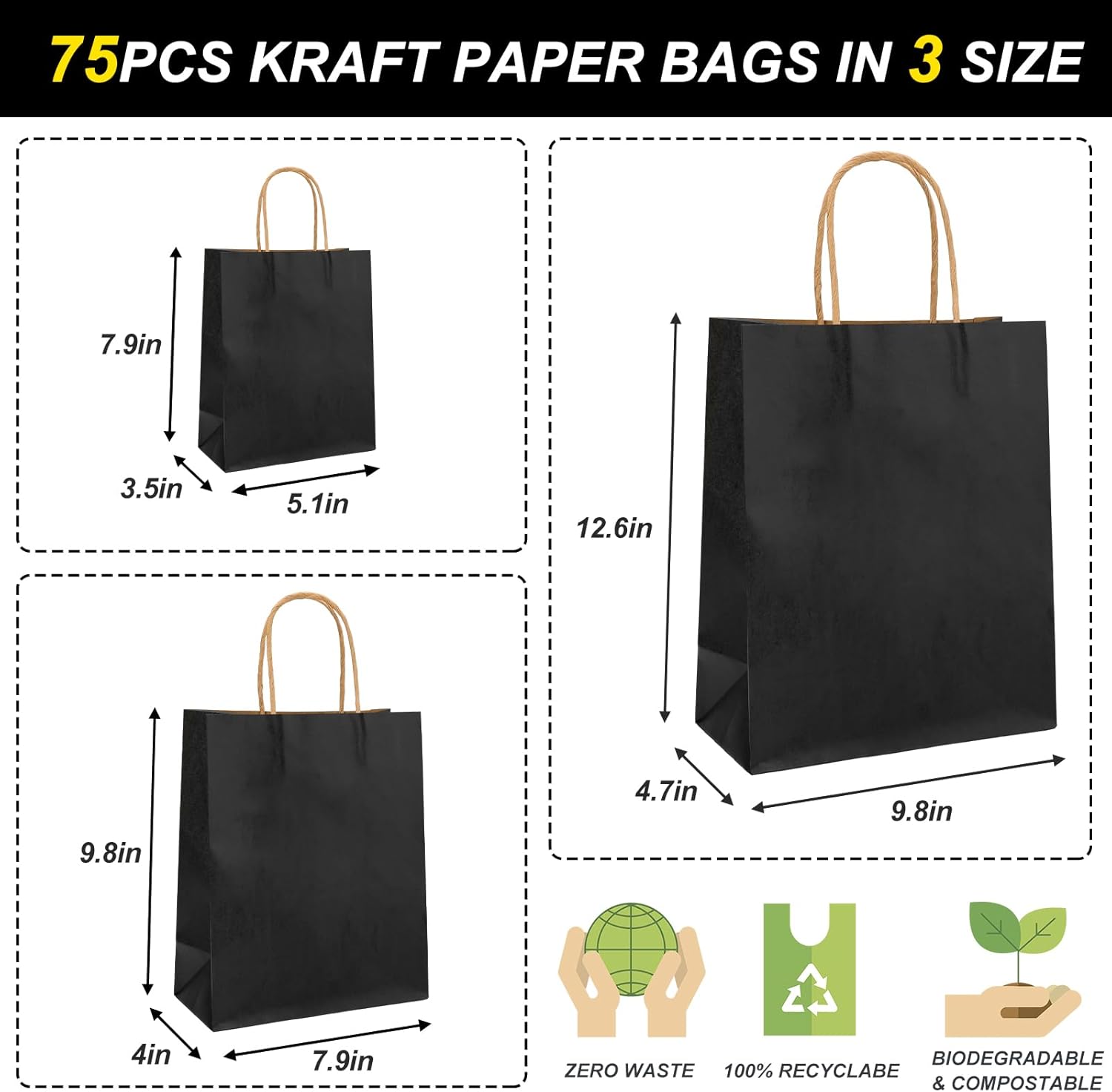 Moretoes 75 bolsas de regalo negras con asas, (8-10-12 pulgadas), bolsas de regalo de varios tamaños a granel, bolsas de papel kraft para pequeñas
