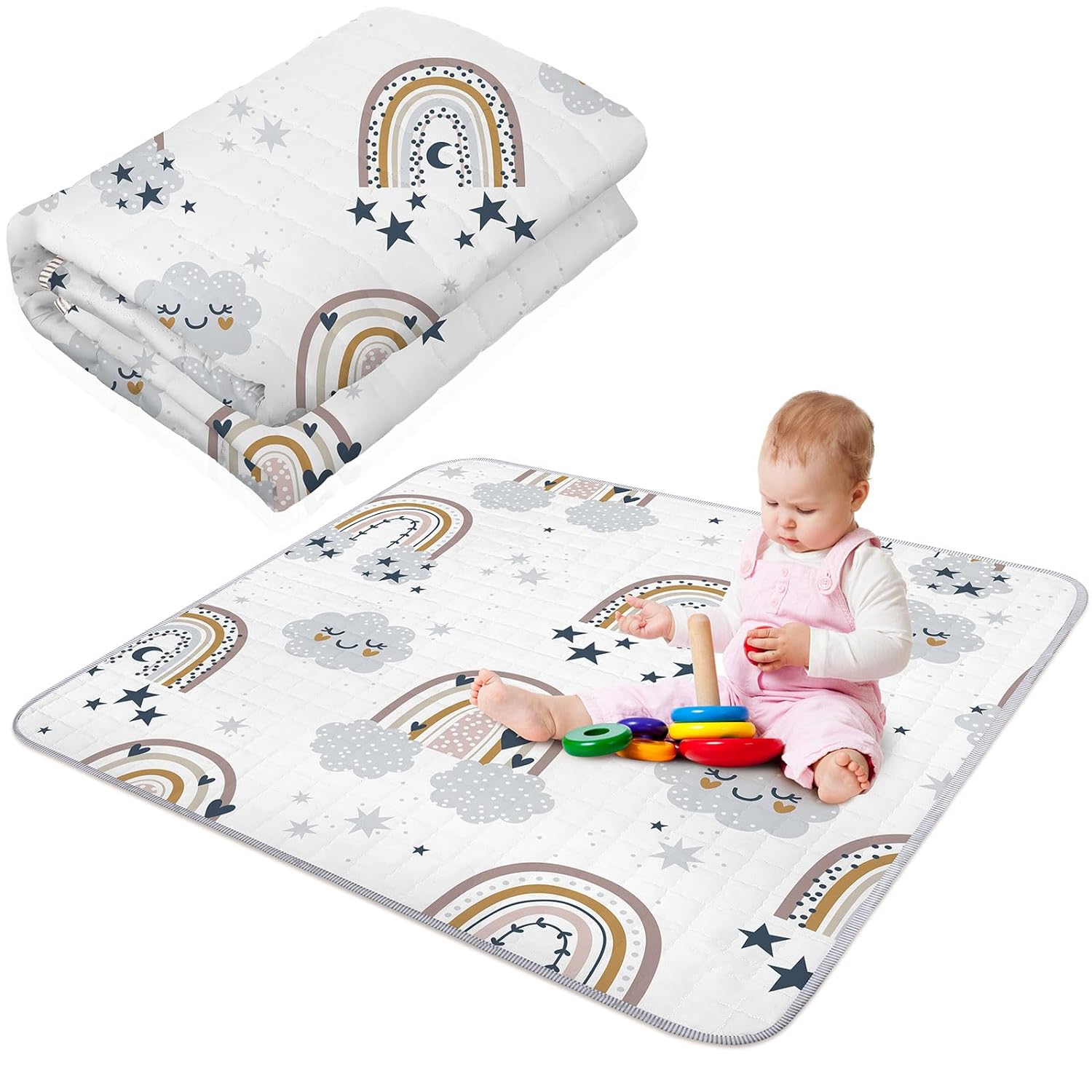 Tapete de juego portátil bohemio para bebé, 43 x 43 pulgadas, lavable, plegable, tapete de juego antideslizante para bebés, tapete de juego para