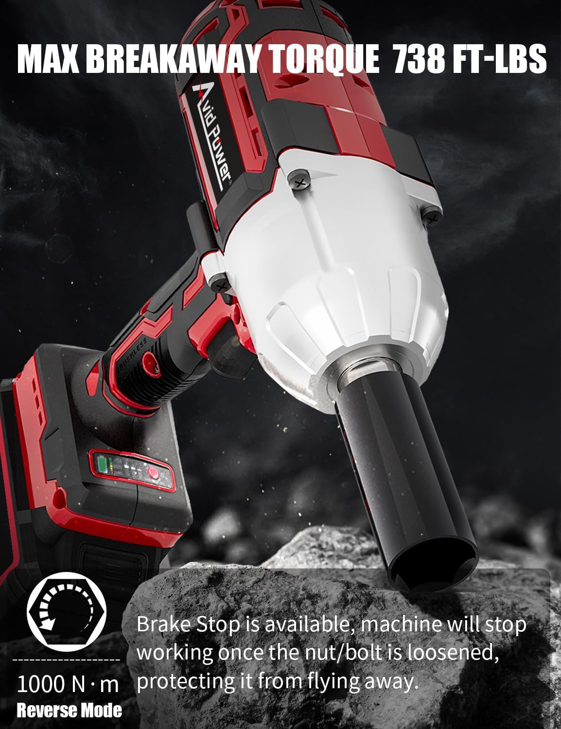 AVID POWER Llave de impacto sin escobillas de alto par de 12 pulgada con par máximo de 738 pies-libras (1000 N.m), pistola de impacto inalámbrica de