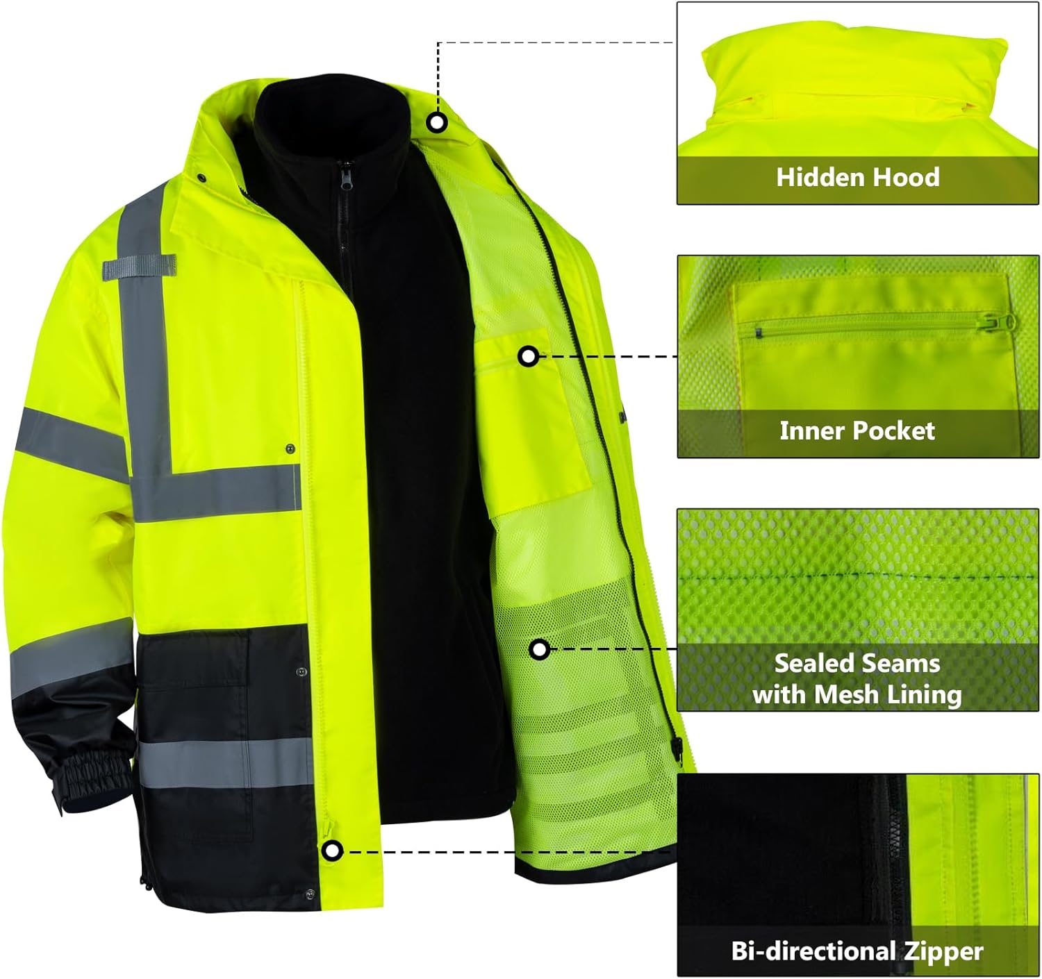 Chaquetas de seguridad reflectantes de alta visibilidad para hombres 2 en 1 ANSI Clase 3 Hi Vis Chaqueta de invierno impermeable