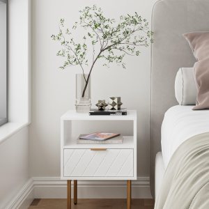 Masupu Mesita de noche, mesita de noche pequeña con cajón, mesita de noche blanca, muebles de noche, mesa auxiliar con marco dorado, cómoda con Masupu Mesita de noche, mesita de noche pequeña con cajón, mesita de noche blanca, muebles de noche, mesa auxiliar con marco dorado, cómoda con