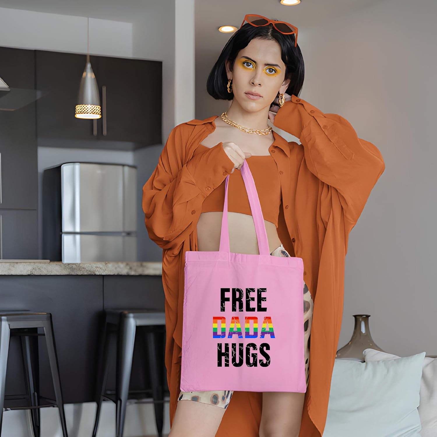 LGBT Lesbian Gay Pride Rainbow Gift for Free Dada Hugs Supporters Natural White Multicolor Canvas Tote Bag