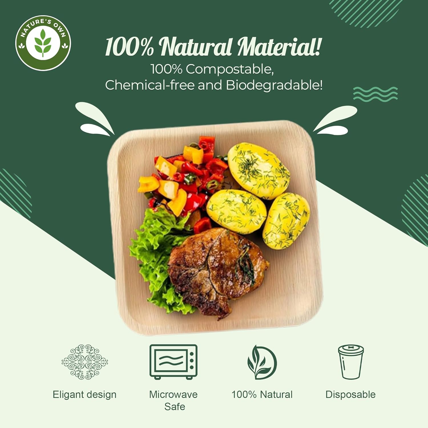 Nature’s Own Paquete de platos de hoja de palmera, 50 unidades (combo de 10 y 8 pulgadas)  Plato cuadrado desechable  Vajilla compostable, ecológica