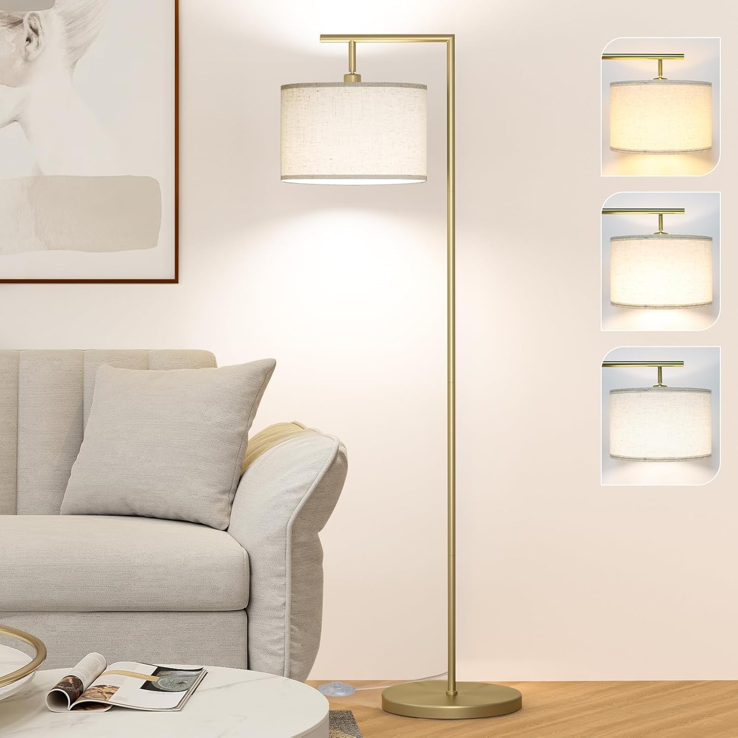 Lámpara de pie para sala de estar con 3 temperaturas de color, con pantalla ajustable de lino beige, lámparas altas para dormitorio, oficina, aula,