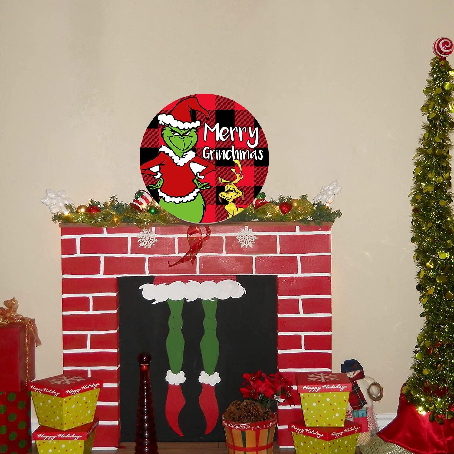 Corona de Navidad, corona de Feliz Grinchmas para puerta delantera, decoraciones de Navidad, letreros de puerta de madera, decoración del hogar para