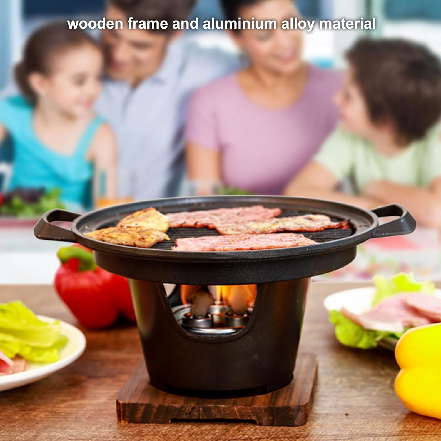 Parrilla de carbón, parrilla de carbón portátil Hibachi japonesa con base de madera, 8.46 x 6.89 x 5.31 pulgadas, parrilla portátil sin humo de