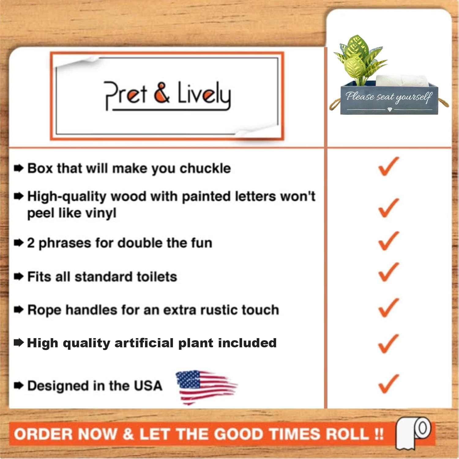 Pret & Lively Caja de casa de campo, con texto en inglés “Please Seat Yourself, baño, cesta de almacenamiento, soporte para papel higiénico, regalo