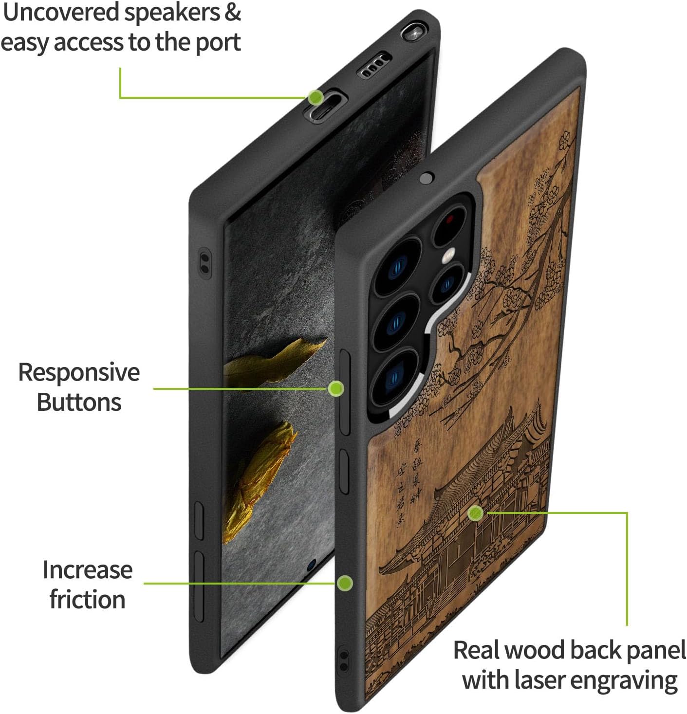 Carveit Funda de madera para Galaxy S22 Ultra 2022 madera natural y TPU suave negro a prueba de golpes, funda de madera única compatible con Samsung