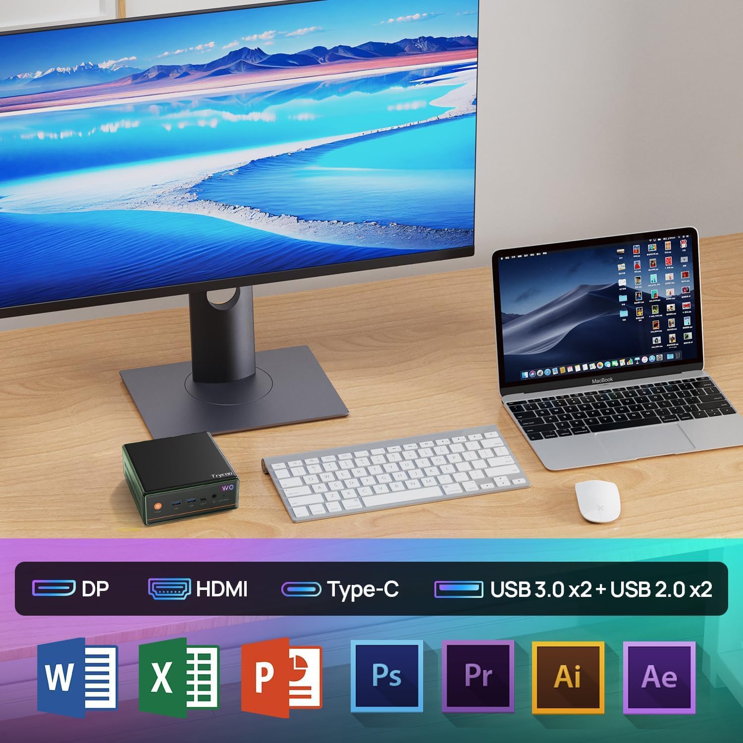 Trycoo Mini PC WO-4, procesador AMD Ryzen 5 5500U (4.0GHz), 16 GB DDR4 RAM 500 GB SSD, compatible con 4K 60Hz triple salidaWiFi6BT5.2Dual RJ45USB3.2