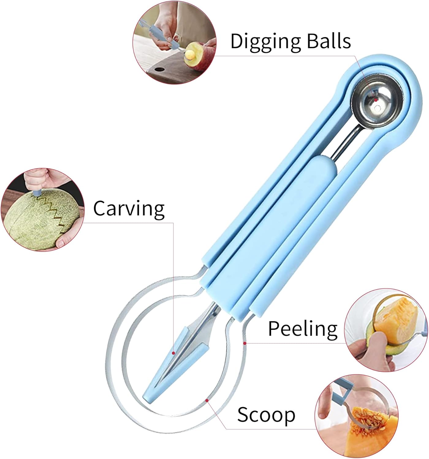 Esmartlife Juego de cucharas de melón, juego de cuchillos profesional de acero inoxidable 4 en 1, herramientas para tallar frutas, cuchara de frutas