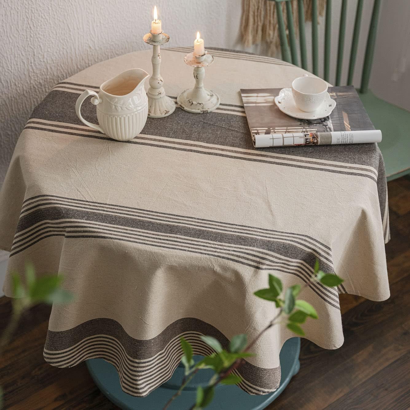 ArtBud Mantel de lino de algodón de arpillera marrón, mantel de granja a rayas, cubierta de mesa de picnic de tela pesada, decoración de cocina