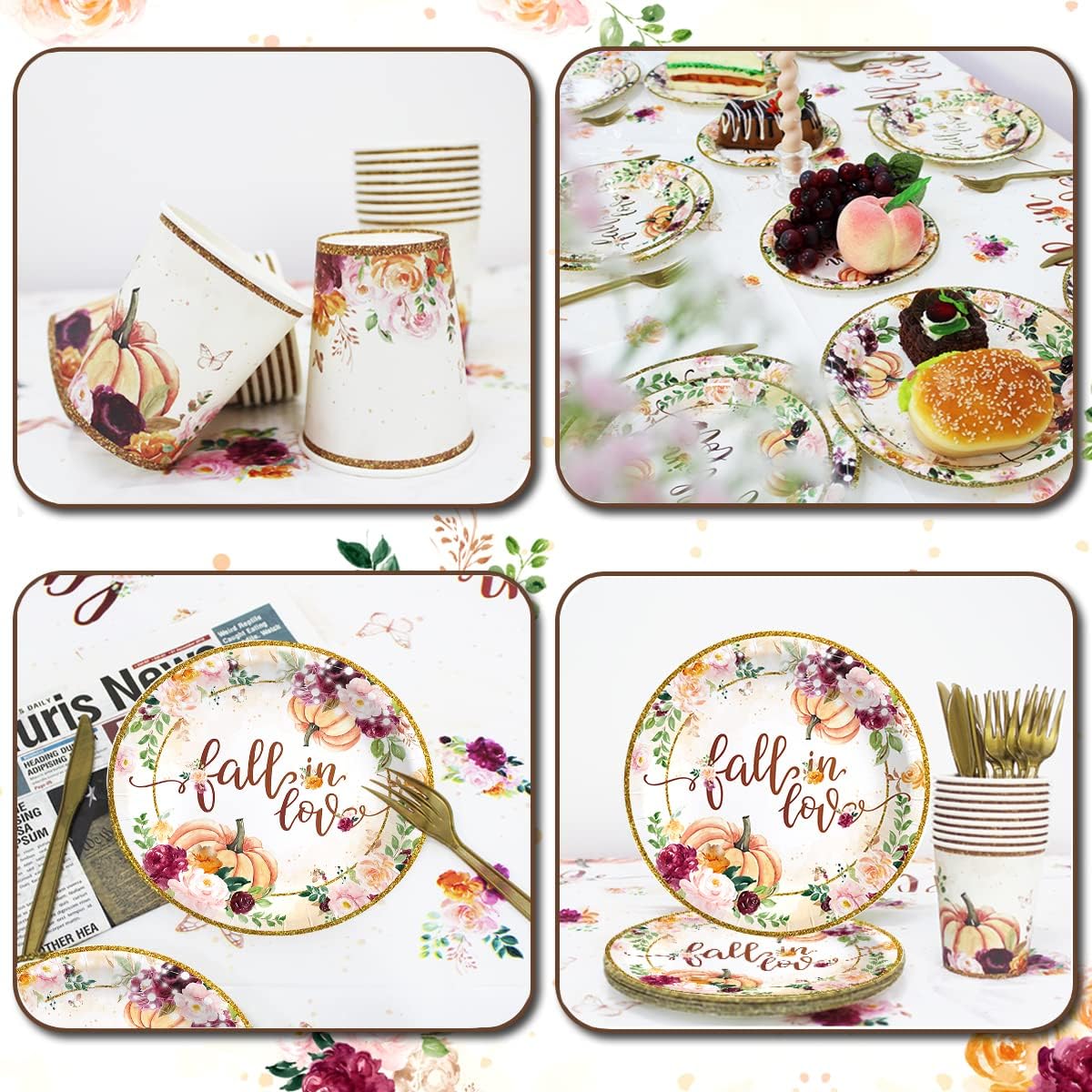 Juego de decoraciones de fiesta de otoño con diseño floral de calabaza, incluye manteles de otoño, plato de cena de enamoramiento, globos bohemios,