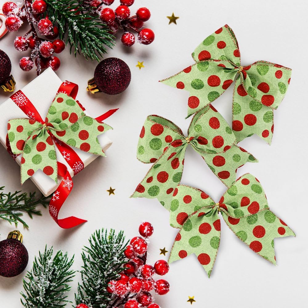 12 lazos de Navidad de 6.3 pulgadas, lazos grandes de corona de Navidad, lazos de árbol de Navidad rojo y verde, lazos de puntos con purpurina de
