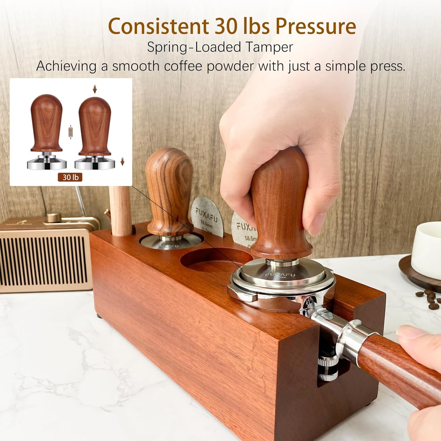 FUXAFU Tamper de café de 2.087 in, un avanzado manipulador de café espresso de acero inoxidable con mecanismo de calibración con resorte y mango de