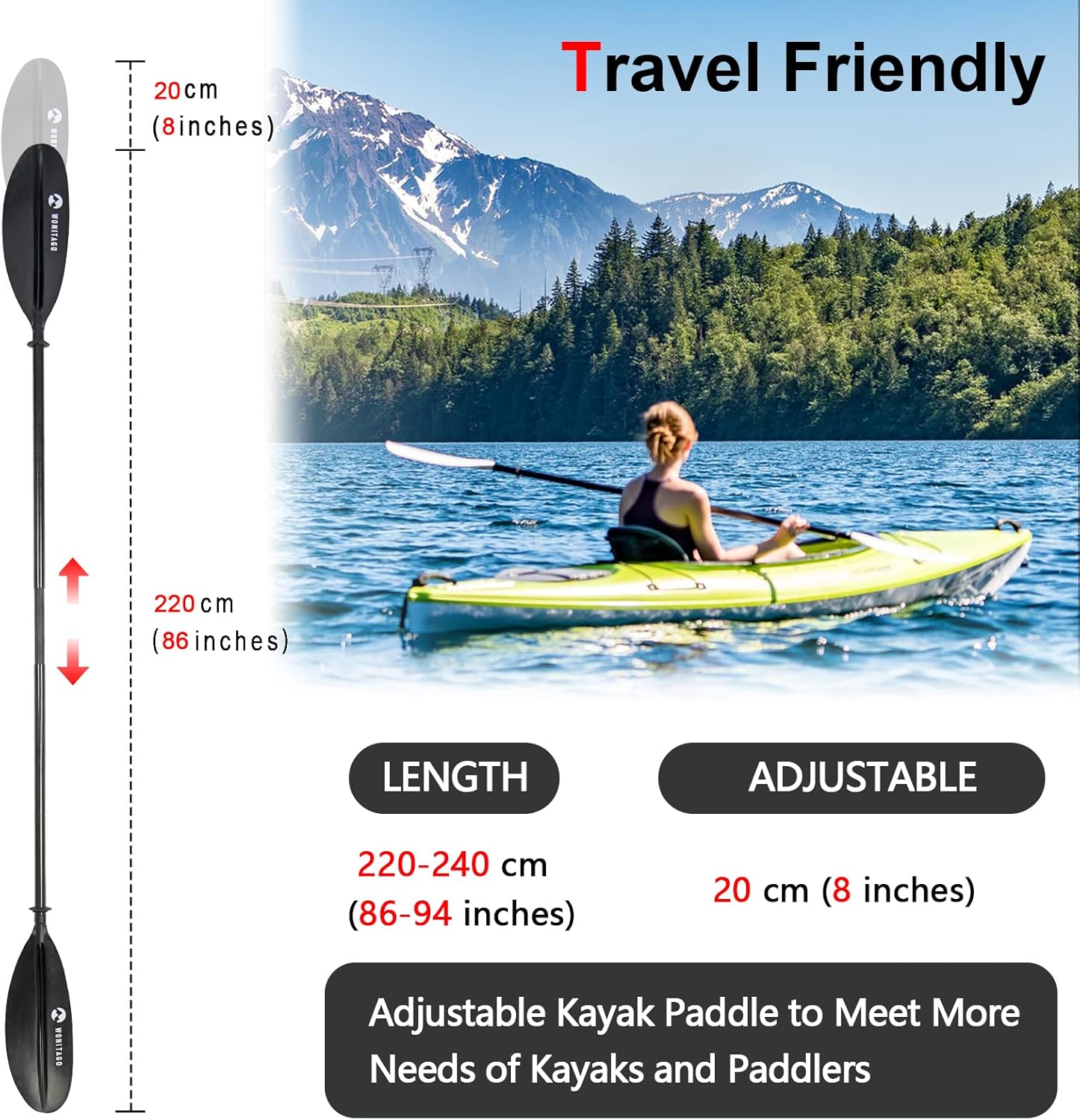 Adjustable Kayak Paddle with Carbon Shaft and PP Blade Available in 220-240cm 230cm-250cm Floating Lightweight Kayak Oars with Original Pattern