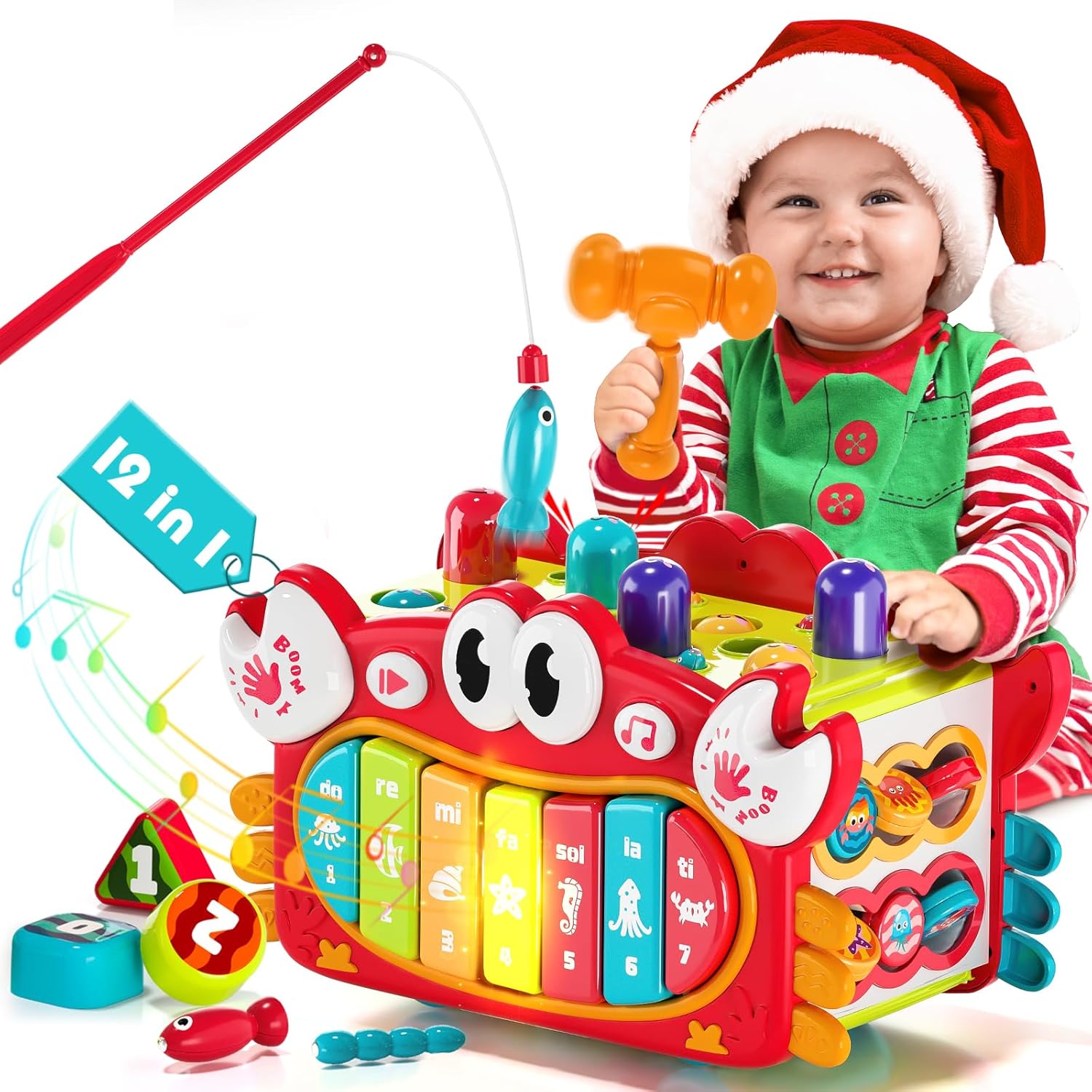 Juguetes Montessori de cangrejo 12 en 1 para niños de 1 año, juguetes martilladores con música y luces, cubo de actividades ocupadas juguetes