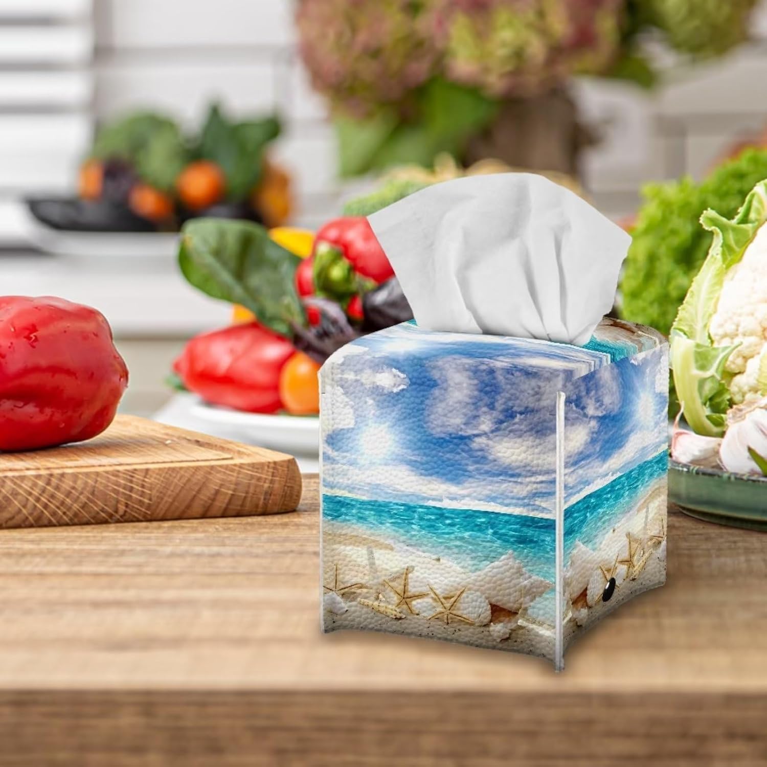 Funda para caja de pañuelos con temática de playa, diseño de conchas y estrellas de mar, soporte cuadrado para caja de pañuelos de piel sintética,