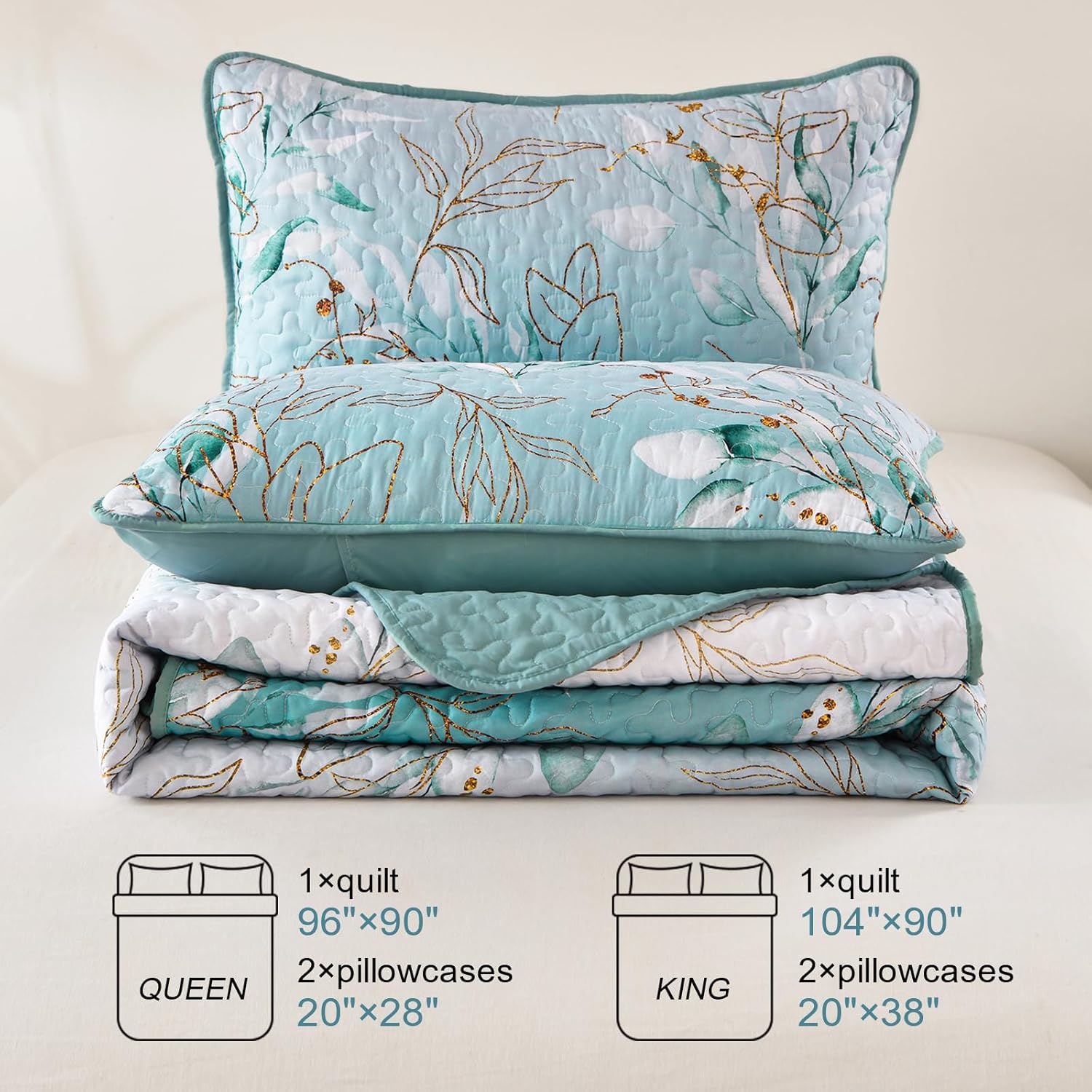 Aninbedding – Juego de edredón floral tamaño King, juego de colcha de 3 piezas con patrón botánico verde aguamarina para todas las estaciones, juego
