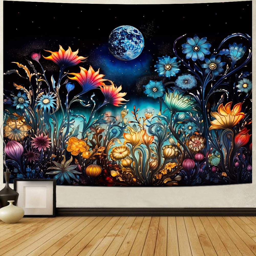 Tushelia Tapiz de plantas florales, tapiz de luna de fantasía, tapiz de flores trippy, tapiz misterioso de cielo estrellado, tapiz negro estético
