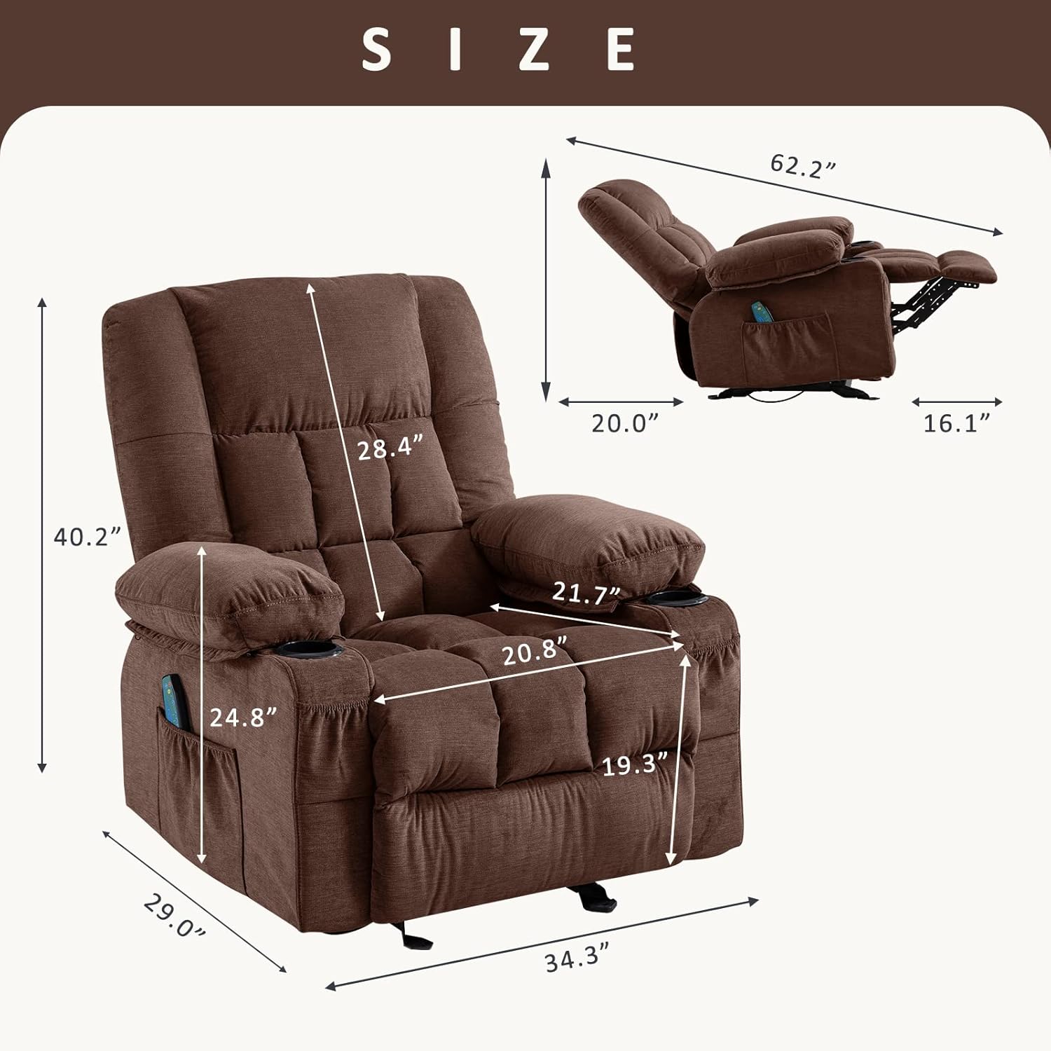 Silla reclinable de masaje con masaje por vibración y calor, ergonómica para sala de estar con función de balanceo y bolsillo lateral, 2 portavasos,
