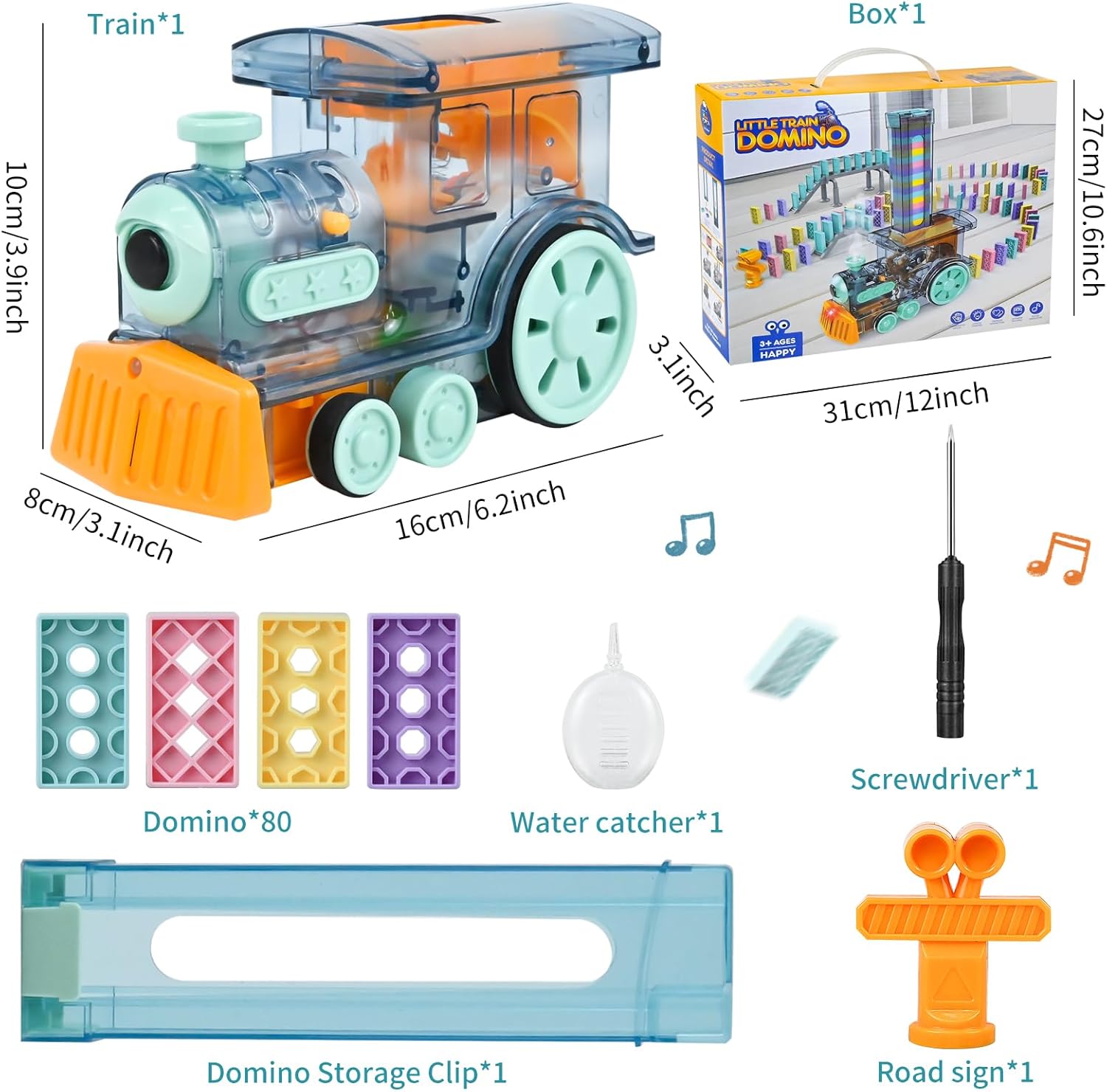 Neragron Juego de juguetes de tren de dominó para niños, 80 piezas de bloques de dominó de tren eléctrico con vapor, luces y música, juguete