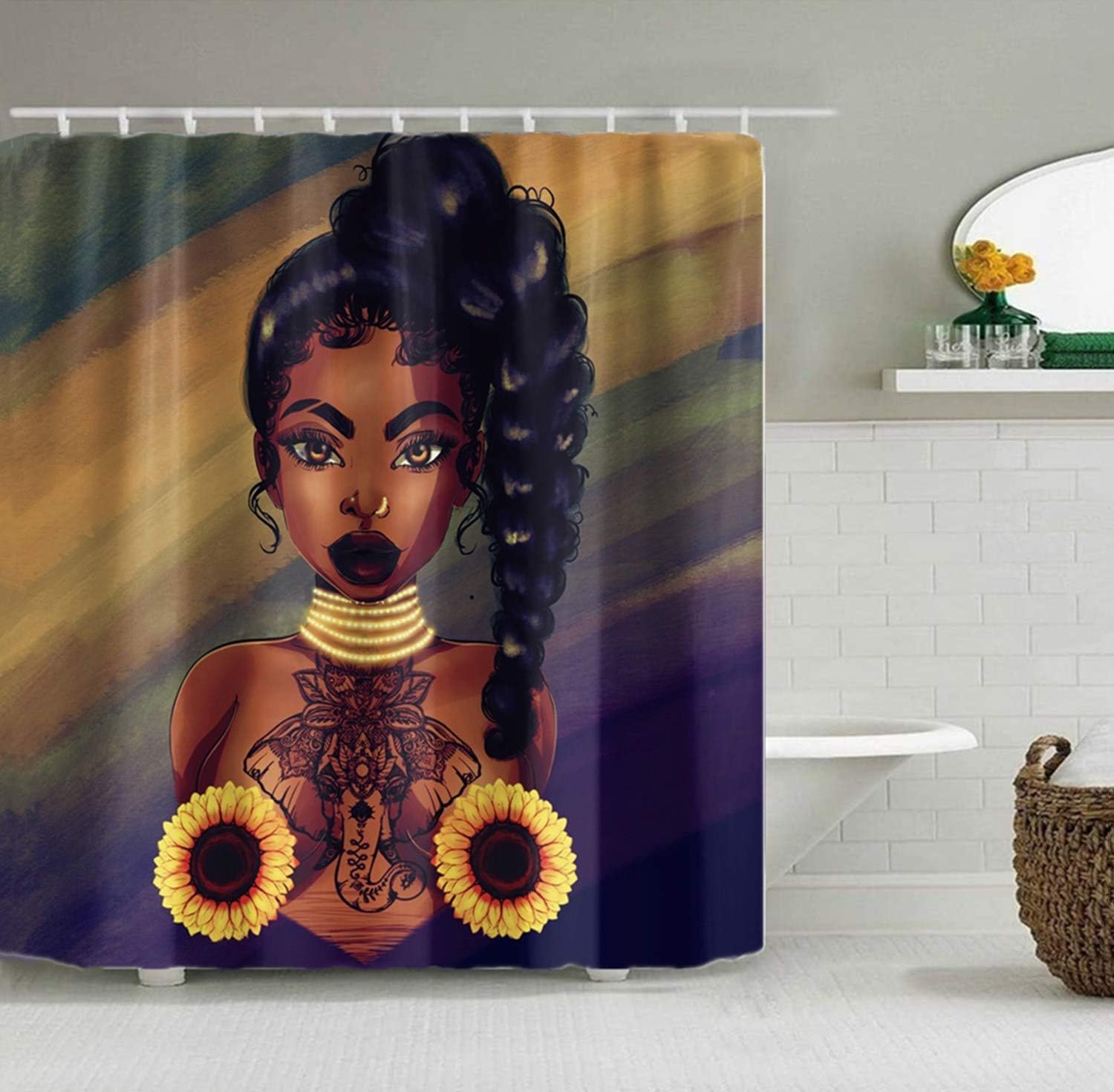 Cortina de ducha sexy de mujer africana con girasol, color negro, niña americana, impermeable, tela suave, cortina de baño con girasol, decoración