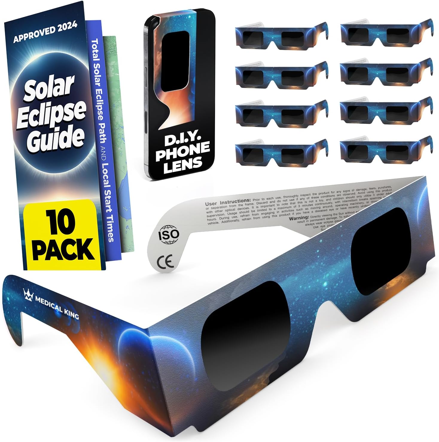 Medical king Gafas de eclipse solar aprobadas 2024, (paquete de 10) persianas seguras con certificación CE e ISO para visión directa del sol incluye