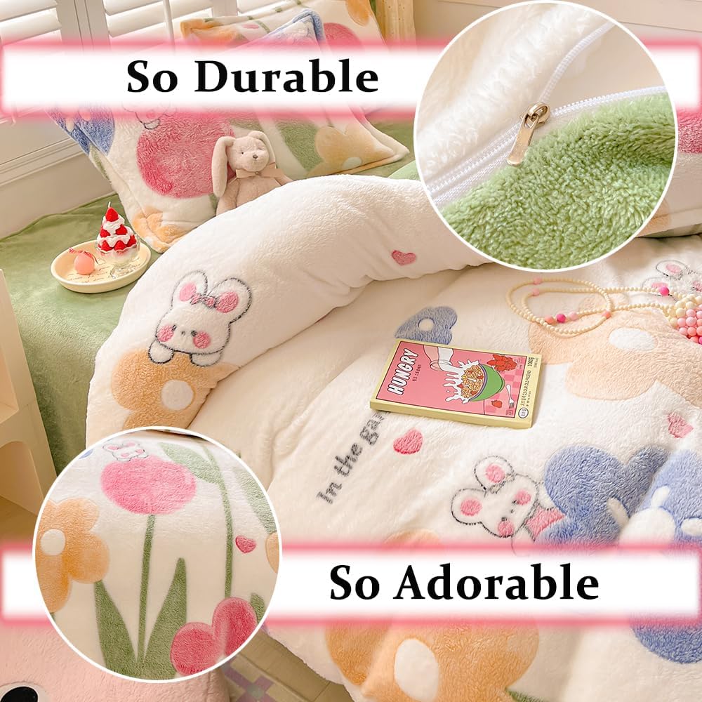 Juego de funda de edredón floral para niños, juego de ropa de cama kawaii, diseño de copos de nieve verde aguacate, funda de edredón esponjosa,