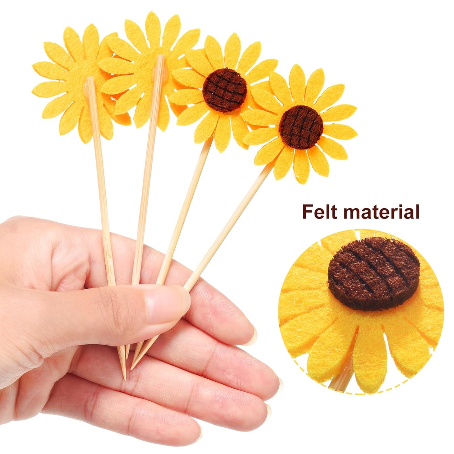 60 piezas de adornos de girasol para cupcakes de flores amarillas, palillos de dientes de girasol, palillos de comida de verano para suministros de