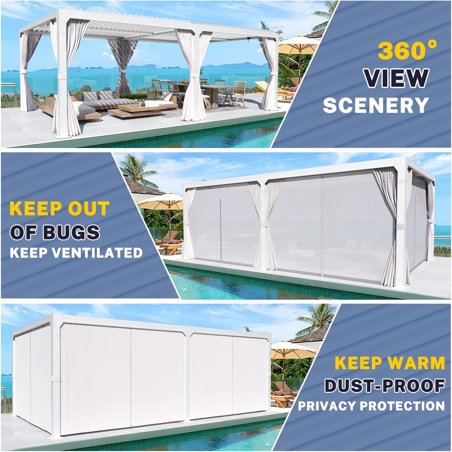 MELLCOM Pérgola con listones 10×20, pérgola de aluminio con techo de listones ajustables, pérgola para exteriores con cortinas y redes impermeables,